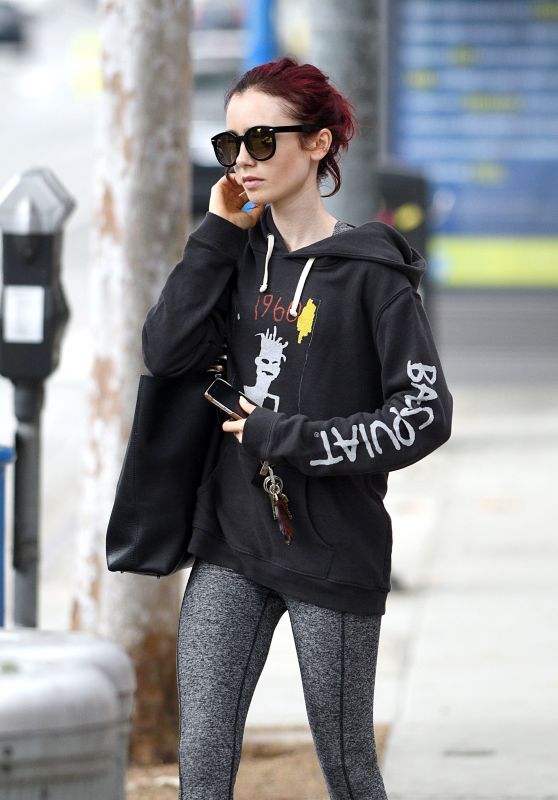 Lily Collins in Leggings - Leaving a Pilates Class in Los Angeles 07/05/2016 