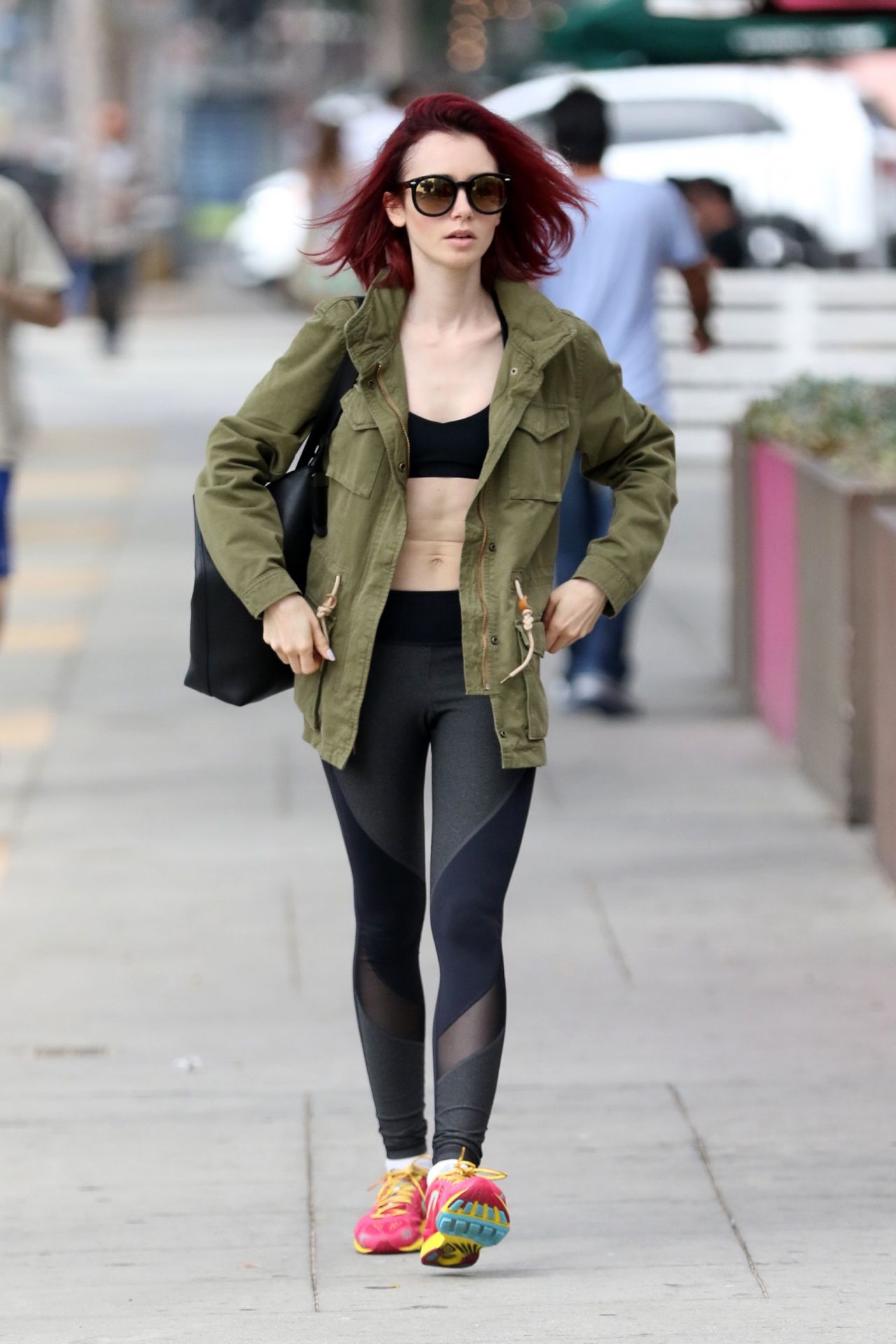 Lily Collins In Tights Leaving The Gym In West Hollywood