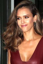 Jessica Alba in Oxblood Red Leather Shift Dress - NYC 8/25/2016