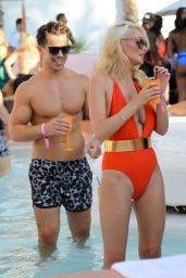 Rhian Sugden in Orange Swimsuit - Party in Ibiza, September 2016