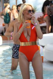 Rhian Sugden in Orange Swimsuit - Party in Ibiza, September 2016