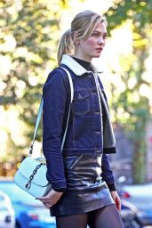 Karlie Kloss in Black Leather Mini Skirt & Denim Bomber Jacket - NYC 10/31 2016