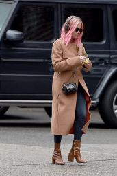 Ashley Benson Sports Pink Hair and a Beige Coat - Listening to Music in NY 12/26/ 2016