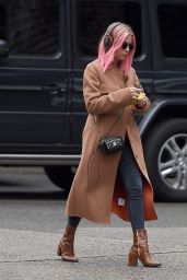Ashley Benson Sports Pink Hair and a Beige Coat - Listening to Music in NY 12/26/ 2016