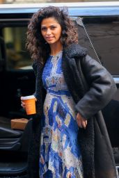 Camila Alves in Shearling Coat - Holding Her Hot Coffee While Leaving the Today Show in NY 12/20/ 2016