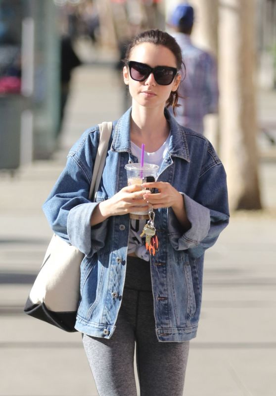 Lily Collins - Picks Up Iced Coffee After Leaving the Gym in West ...