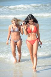 Lisa Opie Hot in Orange Bikini - With a Friend on the Beach in Miami Beach 12/19/ 2016