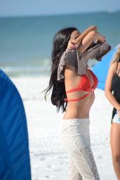 Lisa Opie Hot in Orange Bikini - With a Friend on the Beach in Miami Beach 12/19/ 2016