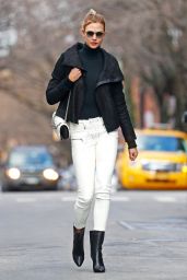 Karlie Kloss Wearing Black Leather Cropped Coat and White Skinny Jeans, NYC 2/16/ 2017