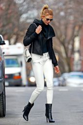 Karlie Kloss Wearing Black Leather Cropped Coat and White Skinny Jeans, NYC 2/16/ 2017
