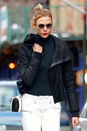 Karlie Kloss Wearing Black Leather Cropped Coat and White Skinny Jeans, NYC 2/16/ 2017