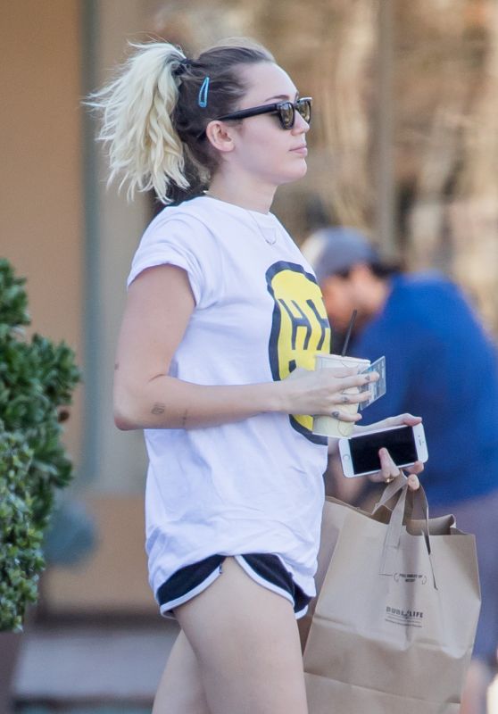 Miley Cyrus Wears Teeny Shorts and a Happy Hippie Tee - Picking Up Food to Go in Malibu 2/12/ 2017