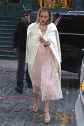 Rita Ora in a Rose Colored Dress in New York City 2/6/ 2017