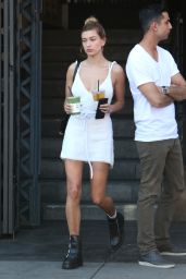 Hailey Baldwin Shows Off Her Toned Legs in a Short Dress at Aflred