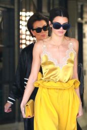 Kendall Jenner in a Yellow Silk and White Lace Top - Out in LA 3/15/ 2017