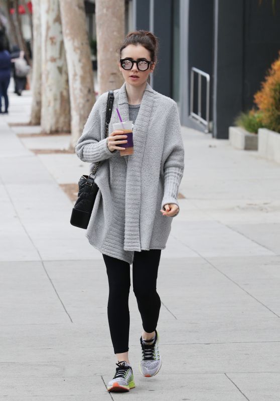 Lily Collins in a Grey Granny Sweater - Los Angeles 3/20/ 2017