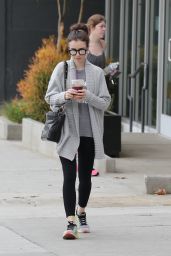Lily Collins in a Grey Granny Sweater - Los Angeles 3/20/ 2017