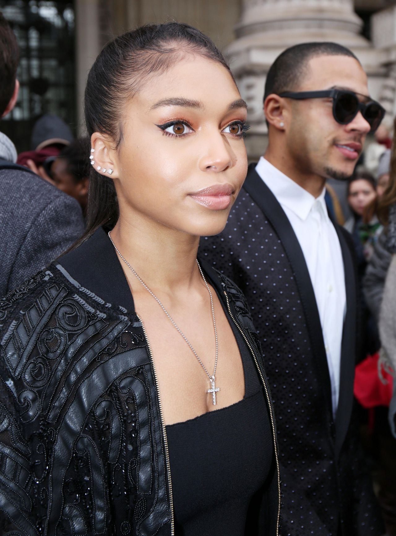 Lori Harvey & Memphis Depay leaving the Elie Saab show during Paris Fashion  Week Ready to wear Fall/Winter 2017-2018 on March 4, 2017 in Paris, France.  (Photo by Lyvans Boolaky/imageSPACE) *** Please