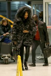Naomi Campbell Keeps Warm in a Large Fur Coat - JFK AIrport in NY 3/11/ 2017