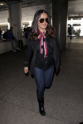 Salma Hayek Wears a Red White and Blue Tie and Collar - LAX in Los Angeles 2/28/ 2017