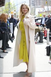 Alice Eve in a Lemon Colored Dress and Peach Coat - New York City 4/20/2017