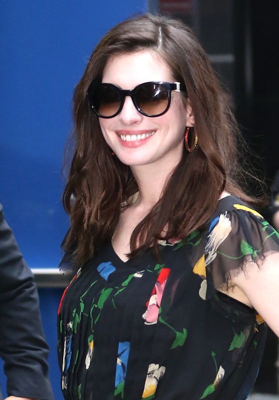 Anne Hathaway Wearing a Dress and Plaid Purse - New York 4/17/2017