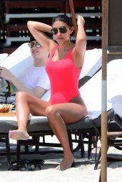 Chantel Jeffries in Red Swimsuit - Beach in Miami 04/26/2017