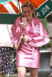 Hilary Duff in a Pink Ruffled Dress - New York 4/17/2017