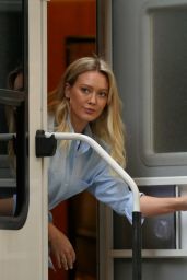 Hilary Duff Peeks Out of Her Trailer - "Younger" Set in New York 4/4/2017