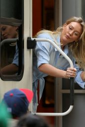 Hilary Duff Peeks Out of Her Trailer - "Younger" Set in New York 4/4/2017