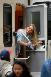 Hilary Duff Peeks Out of Her Trailer - "Younger" Set in New York 4/4/2017