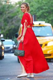 Karlie Kloss in a Bright Red Button Up Dress - New York City 05/17/2017