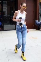 Gigi Hadid in Acid-Wash Jeans and a Simple Ribbed Camisole - Manhattan 06/26/2017
