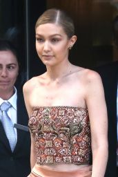 Gigi Hadid in Glitzy Top and a Pair of Shimmery Orange-Gold High-Waist Pants - NYC 06/26/2017