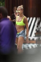 Hailey Baldwin in a Neon Bikini and Denim Shorts - Miami 06/09/2017