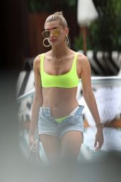 Hailey Baldwin in a Neon Bikini and Denim Shorts - Miami 06/09/2017