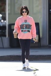 Lucy Hale Wearing a Baggy Pink Sweatshirt - Picks Up a Coffee in LA 06/09/2017