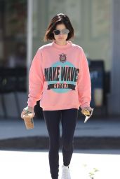 Lucy Hale Wearing a Baggy Pink Sweatshirt - Picks Up a Coffee in LA 06/09/2017