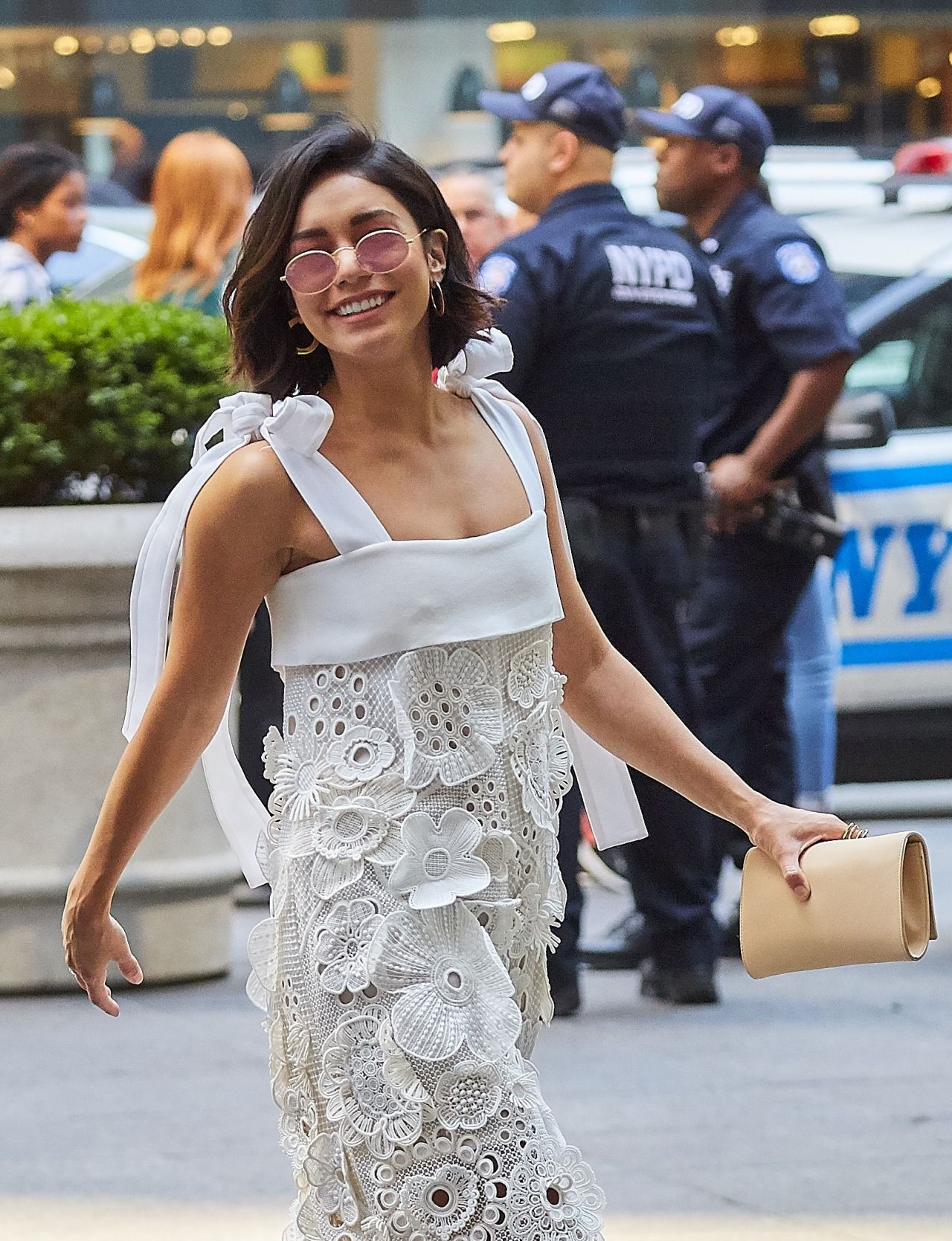 Vanessa Hudgens in Lacy White Midi Dress - Fox Studios in NYC 06/21