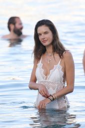 Alessandra Ambrosio in White Swimsuit - Beach on Mykonos, Greece 06/02/2017