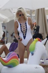 Ashley James in a One-Piece White Swimsuit - Beach in Ibiza 07/21/2017