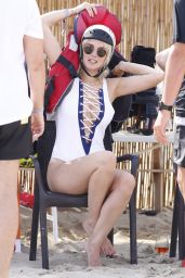Ashley James in a One-Piece White Swimsuit - Beach in Ibiza 07/21/2017