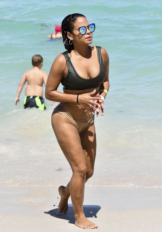 Christina Milian in a Black Bikini - Beach in Miami, Florida 07/01/2017