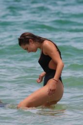 Elsie Hewitt - Wears a Black Swimsuit at the Beach in Miami Beach 07/25/2017