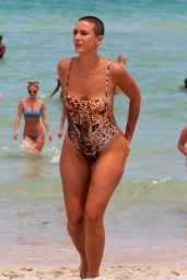 Julieanna Goddard in an Animal Print Swimsuit at the Beach in Miami 07/22/2017