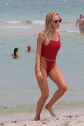 Shea Marie in a Red One Piece Swimsuit at the Beach in Miami 07/26/2017