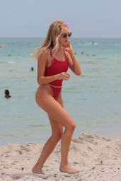 Shea Marie in a Red One Piece Swimsuit at the Beach in Miami 07/26/2017