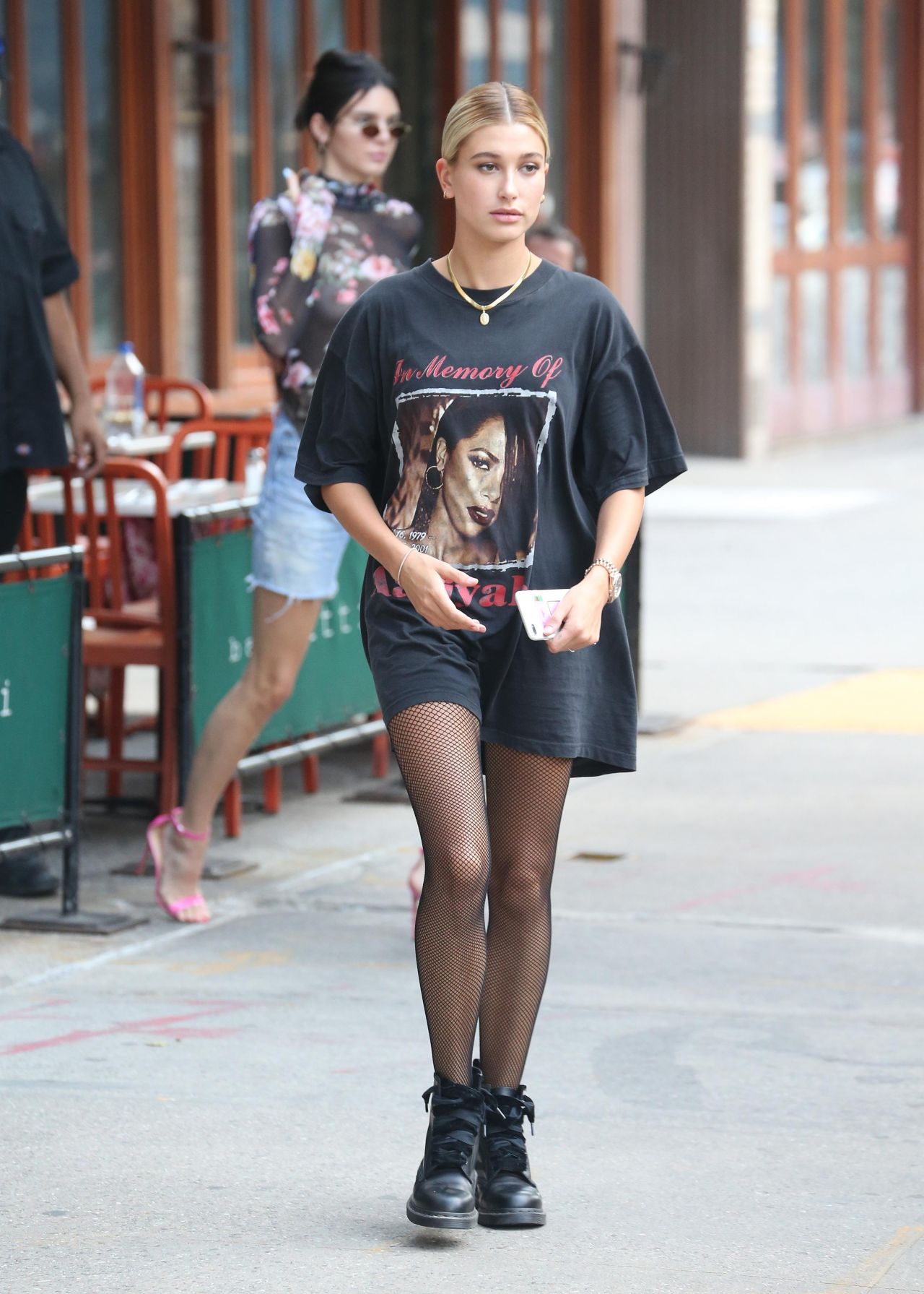 Hailey Baldwin - Wars an "In Memory of Aaliyah" Shirt, NYC 07/31/2017