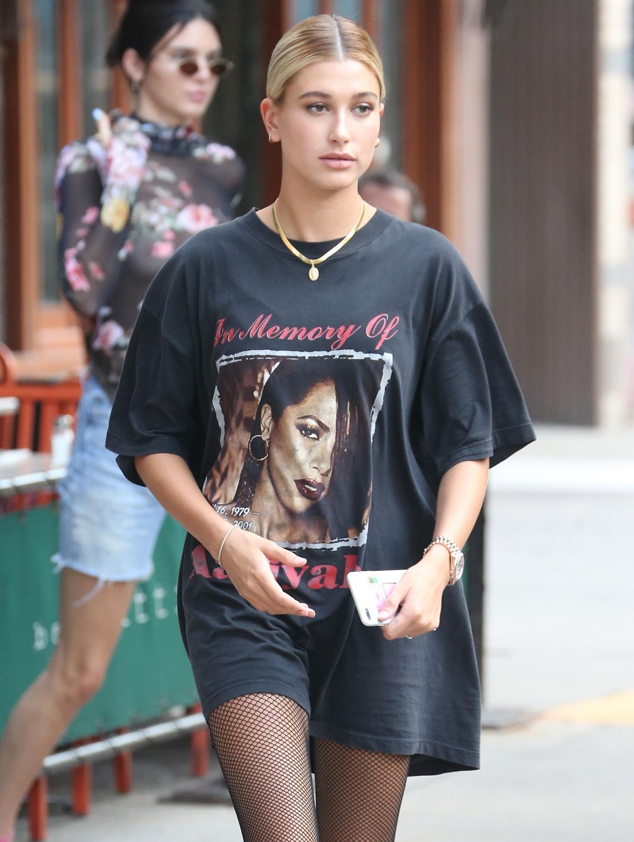 Hailey Baldwin - Wars an "In Memory of Aaliyah" Shirt, NYC 07/31/2017