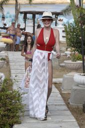 Lindsay Lohan in a Red Swimsuit on Nammos Beach in Mykonos 08/21/2017